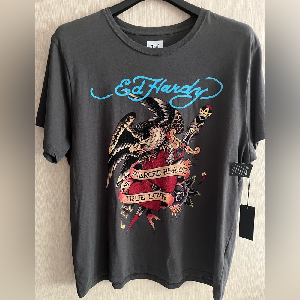ED HARDY Rhinestone 100% Cotton Garment Washed Short Slv Graphic T-shirt Unisex - Picture 5 of 12